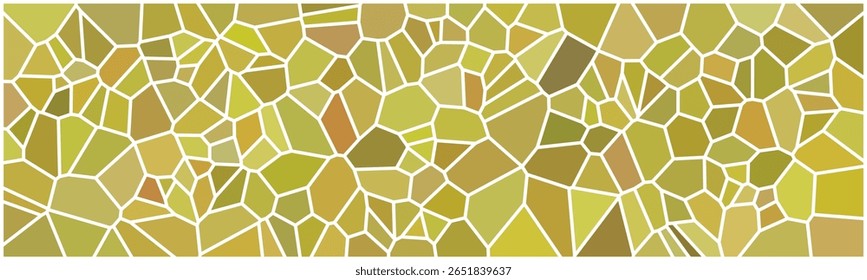 Um padrão de mosaico abstrato com formas poligonais irregulares amarelas e marrons delineadas em branco, assemelhando-se a vitrais.

