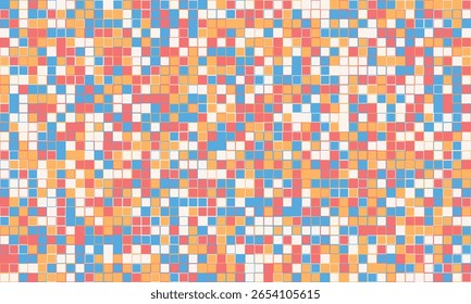 Abstract mosaic pattern with pastel squares in blue, orange, red, and white.  Ideal for backgrounds, website design, presentations, and creating vibrant, playful visuals.