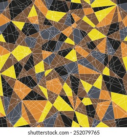 Abstract mosaic pattern with yellow and orange triangles. Seamless vector. Stylized delta texture. Warm colored puzzle background for decoration or backdrop. Unstable endless composition.