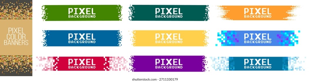 Conjunto de banner de pixel de mosaico abstrato, fundos retangulares geométricos coloridos, elementos de design digital vibrante em fundo transparente
