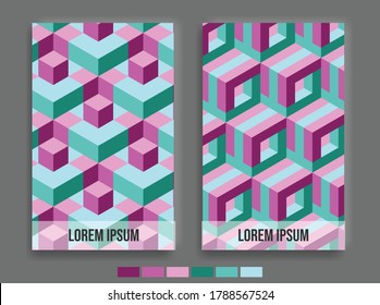 abstract mosaic poster or 3d isometric pattern, for retro cover and poster. Collection of cool vintage covers. modern colorful compositions background.