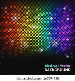 Abstract mosaic rainbow glowing squares with lights and black background. Vector illustration for your night disco design. Fantasy bright wallpaper for party presentation. With place for text.