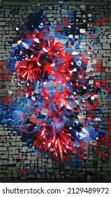 Abstract mosaic, red-blue explosion on a black background. Scattering cubes, particles. creative background for album, illustration, book.