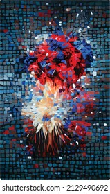 Abstract mosaic, red-blue explosion on a black background. Scattering cubes, particles. creative background for album, illustration, book.