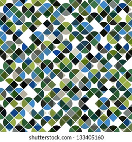 Abstract mosaic retro seamless pattern in green and blue colors, trendy and stylish tiles vector background.