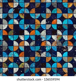 Abstract mosaic retro seamless pattern, trendy and stylish tiles vector background with scratched texture. Contain seamless messy aged textures that can be used separately.
