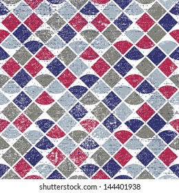 Abstract mosaic retro seamless pattern, trendy and stylish tiles vector background with scratched texture. Contain seamless messy aged texture that can be used separately. 