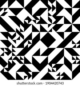 Abstract mosaic of right triangles. Black right triangles scattered on white background. Abstract seamless vector pattern. Modern decorative wrapping paper.