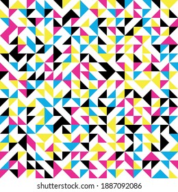 Abstract mosaic of right triangles. CMYK color right triangles scattered on white background. Abstract seamless vector pattern. Modern decorative wrapping paper.