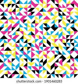 Abstract mosaic of right triangles. CMYK color right triangles scattered on white background. Abstract seamless vector pattern. Modern decorative wrapping paper.