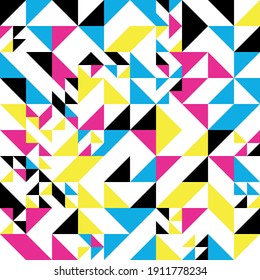 Abstract mosaic of right triangles. CMYK color right triangles scattered on white background. Abstract seamless vector pattern. Modern decorative wrapping paper.