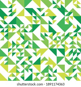 Mosaico abstracto de triángulos rectos. Triángulos verdes a la derecha dispersos en fondo blanco. Resumen del patrón vectorial sin fisuras. Papel decorativo moderno.