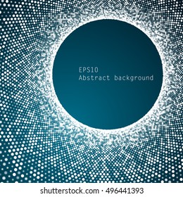 Abstract mosaic round frame vector element. Composition of precisely arranged glowing particles. White and blue colors.