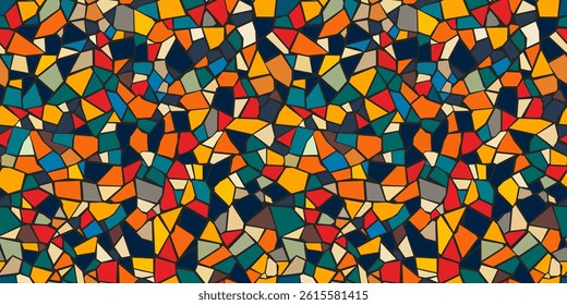 Abstract mosaic, a seamless design. A vector background. Perfect for creating a backdrop. Ceramic tile fragments. Colorful broken tiles, a mosaic of yellow, blue, and red. Vector illustration
