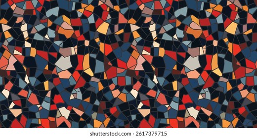 Abstract mosaic, a seamless design. A vector background. Perfect for creating a backdrop. Ceramic tile fragments. Colorful broken tiles, a mosaic of yellow, blue, and red. Vector illustration