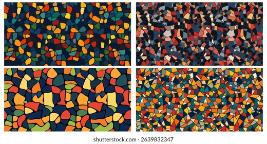 Abstract mosaic, a seamless design. A vector background. Perfect for creating a backdrop. Ceramic tile fragments. Colorful broken tiles, a mosaic of yellow, blue, and red. Vector illustration