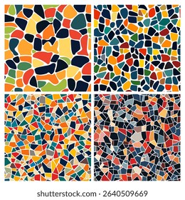 Abstract mosaic, a seamless design. A vector background. Perfect for creating a backdrop. Ceramic tile fragments. Colorful broken tiles, a mosaic of yellow, blue, and red. Vector illustration