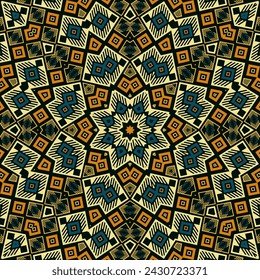 Abstract mosaic seamless pattern vector composition. Exotic wrapping print. Colorful geometrical texture. Azulejo ethnic print. Boho template.