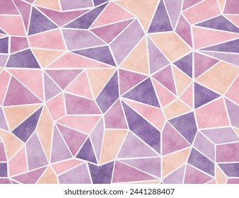 Abstract mosaic seamless pattern with watercolor texture. Broken glass or ice background with pink and purple triangles and polygons. Watercolor seamless pattern with mosaic tiles, vector illustration