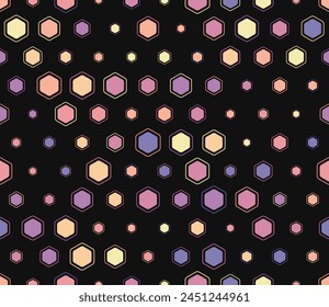 Abstract mosaic shapes geometric background. Multicolored geometric elements of varied size. Rounded hexagons mosaic cells with padding and inner solid cells. Hexagonal shapes. Tileable pattern.