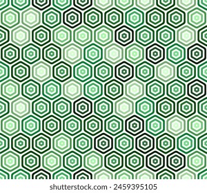 Abstract mosaic shapes geometric background. Green color tones gradients. Bold rounded stacked hexagon cells. Hexagonal shapes. Seamless pattern. Tileable vector illustration.