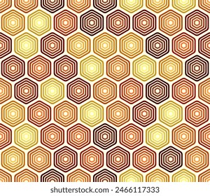 Abstract mosaic shapes geometric background. Orange color tones gradients. Bold rounded stacked hexagons mosaic pattern. Hexagonal cells. Seamless pattern. Tileable vector illustration.