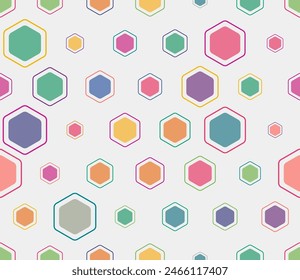 Abstract mosaic shapes geometric background. Multicolored geometric elements of varied size. Rounded hexagons mosaic pattern with inner solid cells. Large hexagon shapes. Tileable pattern.