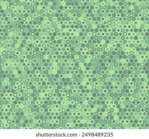 Fondo geométrico de Formas de mosaico Abstractas. Celdas hexagonales redondeadas en negrita con relleno y celdas sólidas internas. Formas hexagonales regulares. Paleta de colores de varios tonos. Patrón sin fisuras.