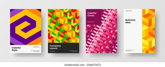 Abstract mosaic shapes postcard concept set. Fresh corporate identity A4 design vector template collection.