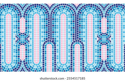 Abstract mosaic tile pattern, seamless background. Vector cartoon illustration of pink, light dark blue squares in oriental ornament, interior wall or floor design element, eastern ethnic decoration