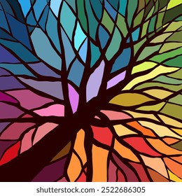 abstract mosaic tree background made of different pieces. a tree with branches and lumpy mosaic gaps in the style of antique vintage cathedral smalts and frescoes. Beautiful colorful background