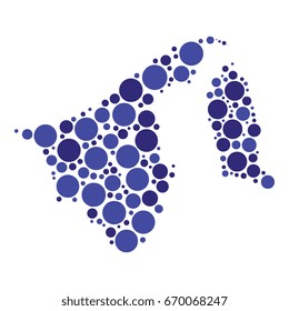 abstract mosaic of two colors circles of various diameters in shape of brunei map isolated on a white background