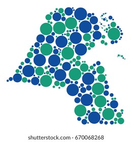 abstract mosaic of two colors circles of various diameters in shape of kuwait map isolated on a white background