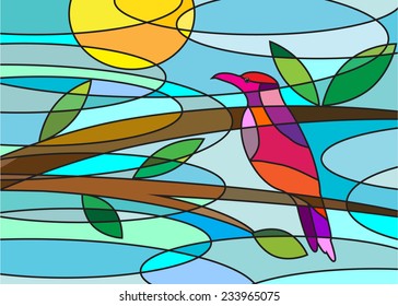 Abstract mosaic unusual bird, tree and sky