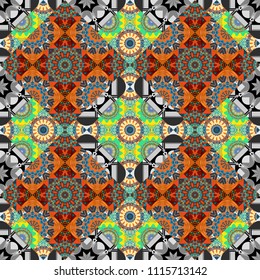Abstract mosaic vector background. Design elements. Geometric seamless pattern. Sketch in gray, orange and blue colors.
