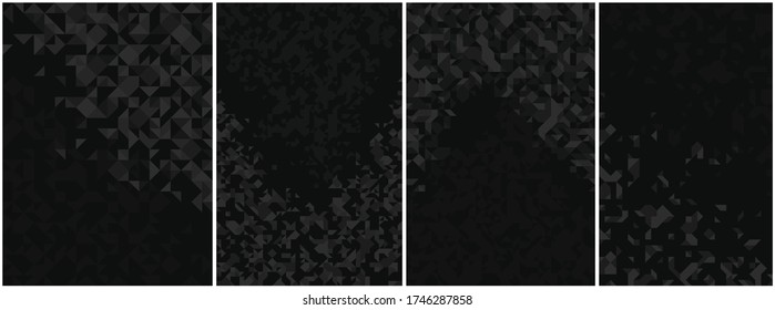 Abstract mosaic vector backgrounds set black and gray monochrome illustrations collection, geometric tiles backdrop abstraction, blank template for ads and presentations.