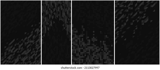 Abstract mosaic vector backgrounds set black and gray monochrome illustrations collection, geometric tiles backdrop abstraction, blank template for ads and presentations.