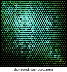 Abstract mosaic vector illustration background, bokeh, disco club circle lights ball neon green pattern texture backdrop halftone dots