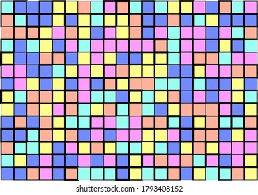 Abstract mosaic from vector squares with trendy blue, pink, yellow and orange colors and different sized black borders for web, banner,cover, presentation,wrapping paper, art, etc. backgrounds