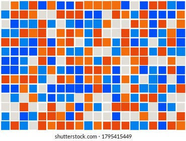 Abstract mosaic from vector squares with trendy blue, light gray and orange colors and different sized white borders for web, banner, cover, wrapping paper, art, etc. backgrounds