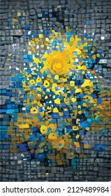 Abstract mosaic, yellow-blue explosion on a black background. Scattering cubes, particles. creative background for album, illustration, book.