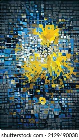 Abstract mosaic, yellow-blue explosion on a black background. Scattering cubes, particles. creative background for album, illustration, book.