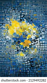 Mosaico abstracto, explosión amarillo-azul sobre un fondo negro. Cubos dispersos, partículas. fondo creativo para álbum, ilustración, libro.