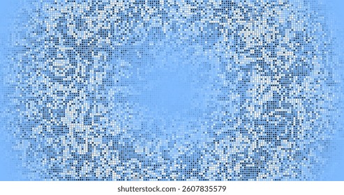 An abstract mosaic-style pattern. Square tiles create a digital texture effect with a gradient transition to the center. Shades of blue predominate, creating a sense of technology and depth.