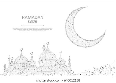 Abstract mosque and arabic moon polygonal, geometry triangle. Light connection structure. Low poly vector background. Vector Ramadan Kareem concept