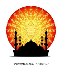 Abstract Mosque. Islamic symbol. Red orange yellow circle, sun, sunset, mosque silhouette on the White background.
