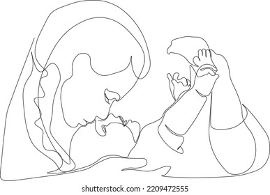 Abstract mother with baby in continuous one line drawing style. Mother's Day card. A woman hugs and kisses her child. The concept of happy motherhood. Modern illustration