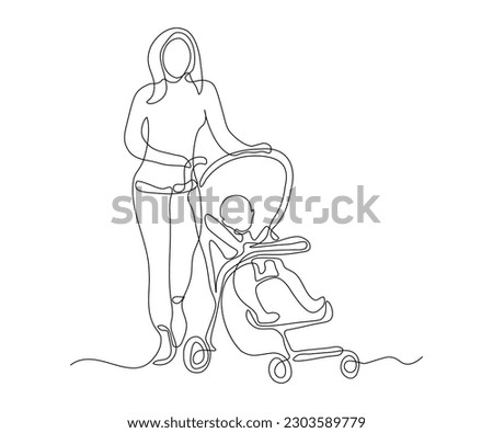 abstract mother with a baby in a pram Continuous One Line Drawing