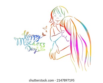 Abstract mother with a child . Colorful Mother s Day card. Woman hugging her baby. Happy motherhood concept. Modern vector illustration