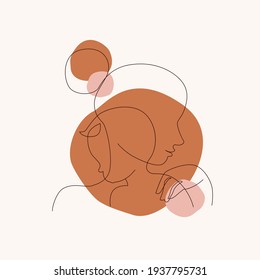 Abstract mother with a child in continuous one line drawing art style. Mother`s Day card. Woman hugging her baby on geometric background. Happy motherhood concept. Modern vector illustration